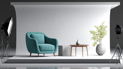Studio setting with teal armchair, table, plant, and backdrop illuminated by lights