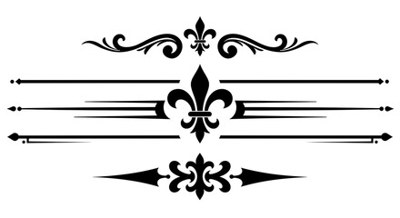 A vector set of royal page dividers and ornaments featuring the classic Fleur-de-lis symbol. Includes elegant line rules and flourishes for vintage, formal, and heraldic designs.