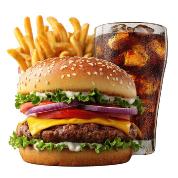 Fast food combo meal with burger, fries, and soda, realistic 3D render, white and transparent background