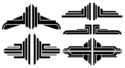 A set of black Art Deco vector ornaments and decorative elements. Inspired by 1920s and 1930s architecture and design, featuring geometric, symmetrical, and streamlined shapes.