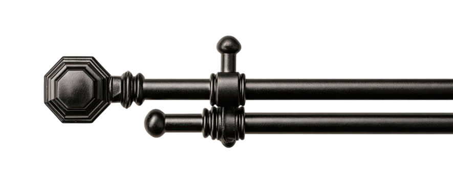 Black double curtain rod with octagonal finials