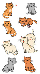 Cute Pixelated Cartoon Cats on Transparent Isolated Black Background