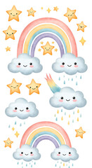 Cute Pixelated Cartoon Clouds Rainbow Stars and Rain Isolated On Black Background