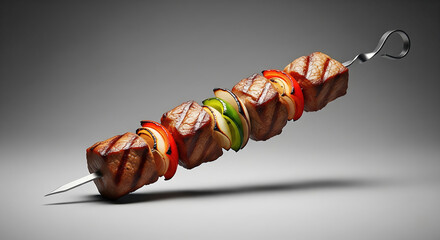 Studio shot of a single grilled meat and vegetable skewer kebab on a clean grey background