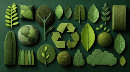 Green environmental icons on dark green background