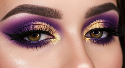 Obraz premium Macro beauty close-up of female eyes with glamorous evening makeup, featuring vibrant purple and gold glitter eyeshadow