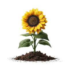 Obraz premium Realistic Sunflower Growing from Soil Flat Lay Isolated on white and transparent background