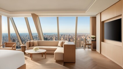 Fototapeta premium Modern Luxury Suite with Stunning City View in High-Rise Building