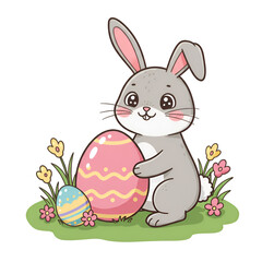 Cartoon Easter Bunny Holding Pink Egg With Yellow Flowers Isolated