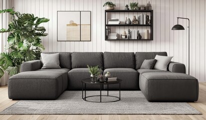 Fototapeta premium Modern Living Room with Gray Sofa and Stylish Decor Elements