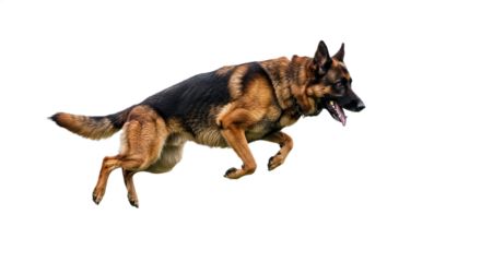 Jumping or running German Shepherd dog isolated on white background PNG. Active working dog, playful pet, realistic canine illustration, loyal guard dog, agility, and energetic dog concept