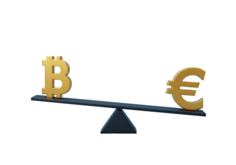 Bitcoin And Euro Symbols Balancing On See Saw Illustration In Gold Color