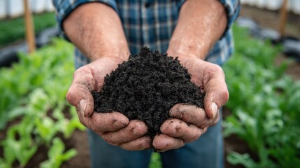Hands Holding Rich Black Soil in a Vibrant Vegetable Garden Representing Organic Farming and Sustainable Agriculture Practices for Healthy Growth