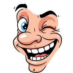Cartoon Face Smiling and Winking with Blue Eyes Isolated Transparent Background