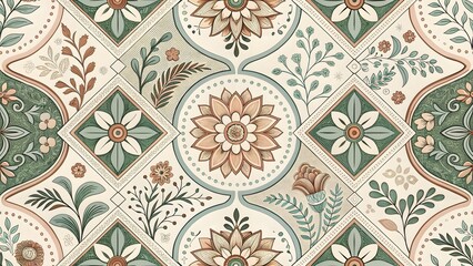 Elegant sage green and terracotta floral tile pattern