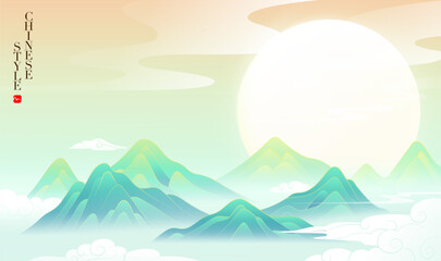 Horizontal Chinese wind landscape illustration of a full moon in the mountains