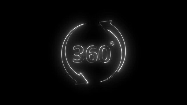 Glowing neon 360 degree icon isolated Symbol with arrow to indicate the rotation,Neon angle 360 degrees icon animation .
