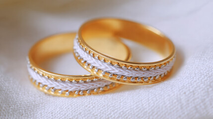 A pair of gold wedding rings with delicate details rests on the table