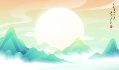 Horizontal edition of Chinese wind and landscape illustration of a full moon in the mountains