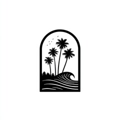 Obraz premium Black and white graphic of palm trees, ocean wave, and arch