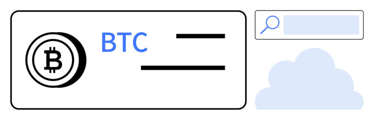 Bitcoin wallet icon, search bar, cloud for cryptocurrency interface. Ideal for fintech, blockchain, trading, technology, cryptocurrency, finance simple landing page