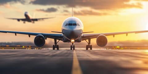 Fototapeta na wymiar Airplane on Runway at Sunset with Another Plane Taking Off in Background