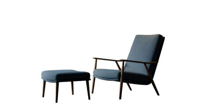 Blue Fabric Armchair And Ottoman Isolated On Transparent Background