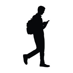 Silhouette of Man Walking with Backpack & Phone - Urban Life & Connection