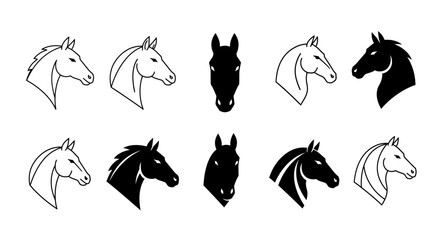 A collection of ten graphic horse head icons in black and white, featuring outlines, silhouettes, and various profile views.