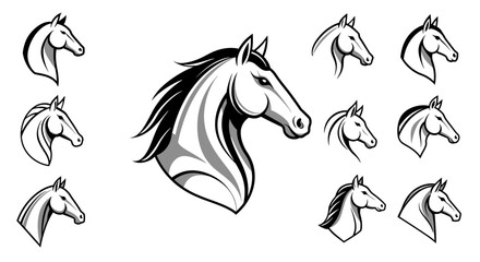 A collection of stylized black and white horse head mascots and emblems with flowing manes.