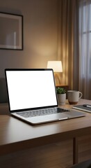 A realistic mockup scene of a modern, slim silver laptop placed on a clean wooden desk inside a softly lit, quiet indoor room.