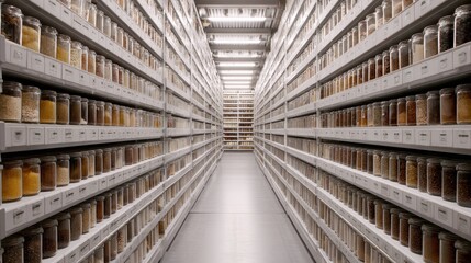 Seed bank archive aisle, rows of jars, research facility, preserving biodiversity