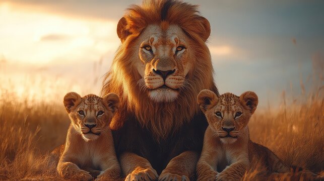 Majestic family of lions resting together on the savanna--lion and two cubs enjoying nature. Ecology and wildlife conservation theme.