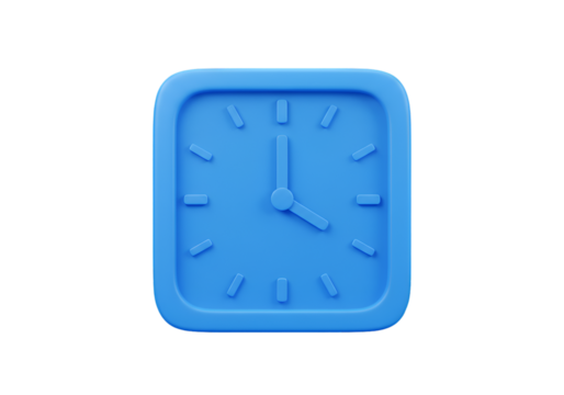 Blue 3D Square Clock Icon Isolated On Transparent Background Illustration
