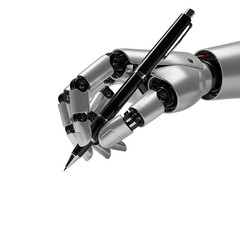 Cybernetic Hand Holding Pen Writing Isolated Black Background Photo