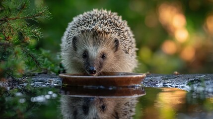 Adorable hedgehog drinking water from shallow bowl surrounded by greenery in tranquil garden setting during golden hour with beautiful reflections