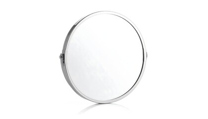 Fototapeta premium Circular mirror with a silver metal frame, showing a slight reflection