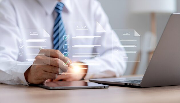 Businessman completing digital checklist on tablet with laptop for modern business workflow success