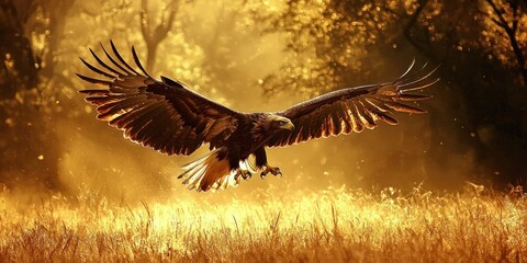 A golden savanna where an eagle spreads its wings, ready to strike