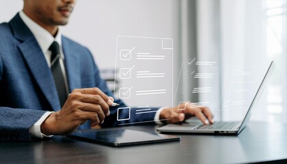 Confident entrepreneur reviewing digital checklist on laptop in modern office for business strategy success