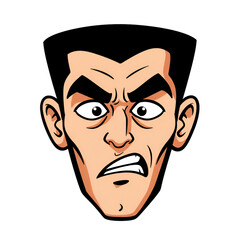 Cartoon Portrait of Angry Man in Black Hair and Isolated Background