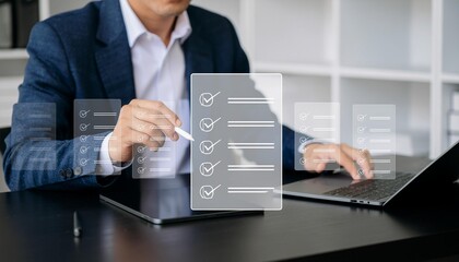 Modern businessman completing digital checklist on tablet and laptop for peak productivity now