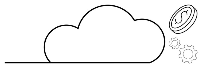 Cloud outline with coin and gears symbolizing financial investment, automation, and technology integration. Ideal for finance, cloud computing, automation, tech innovation, startups, software simple