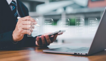 Modern businessman reviewing digital checklists on phone with stylus in office for project success