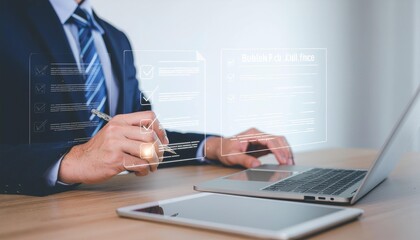 Modern businessman reviewing digital checklist and using laptop for efficient workflow solutions today