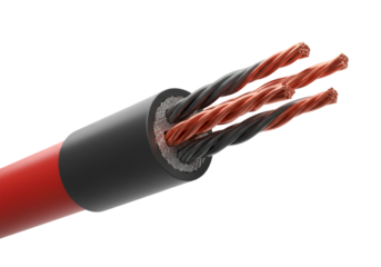 Close Up Photo of Red Black Electrical Wire with Exposed Copper Cables on a Transparent Background