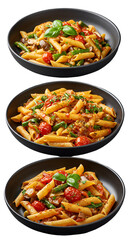 Delicious Pasta Dish in Black Bowls with Tomato and Green Vegetable Isolated Photo