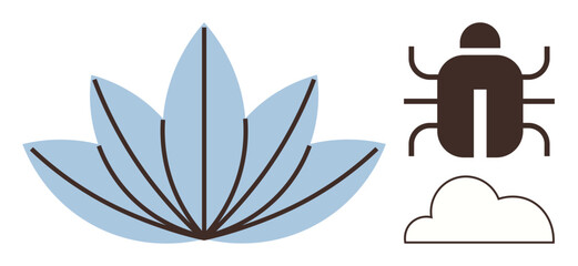 Lotus flower, cloud, and beetle arranged in clean minimal style. Ideal for nature, ecology, meditation, zen, tranquility minimalism sustainability. Simple flat metaphor