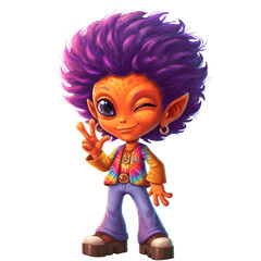 Cartoon Character Winking And Showing Peace Sign In Orange And Purple Colors
