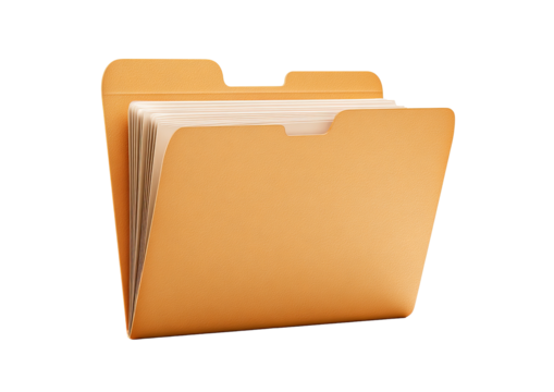 3D rendered, light orange folder with documents inside.  Flattened,  simple icon style